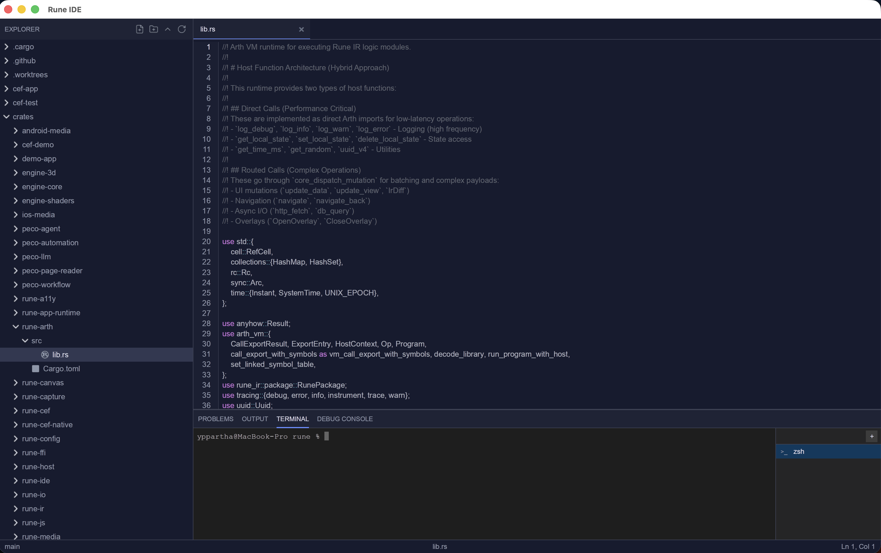 Rune IDE with syntax highlighting and file tree